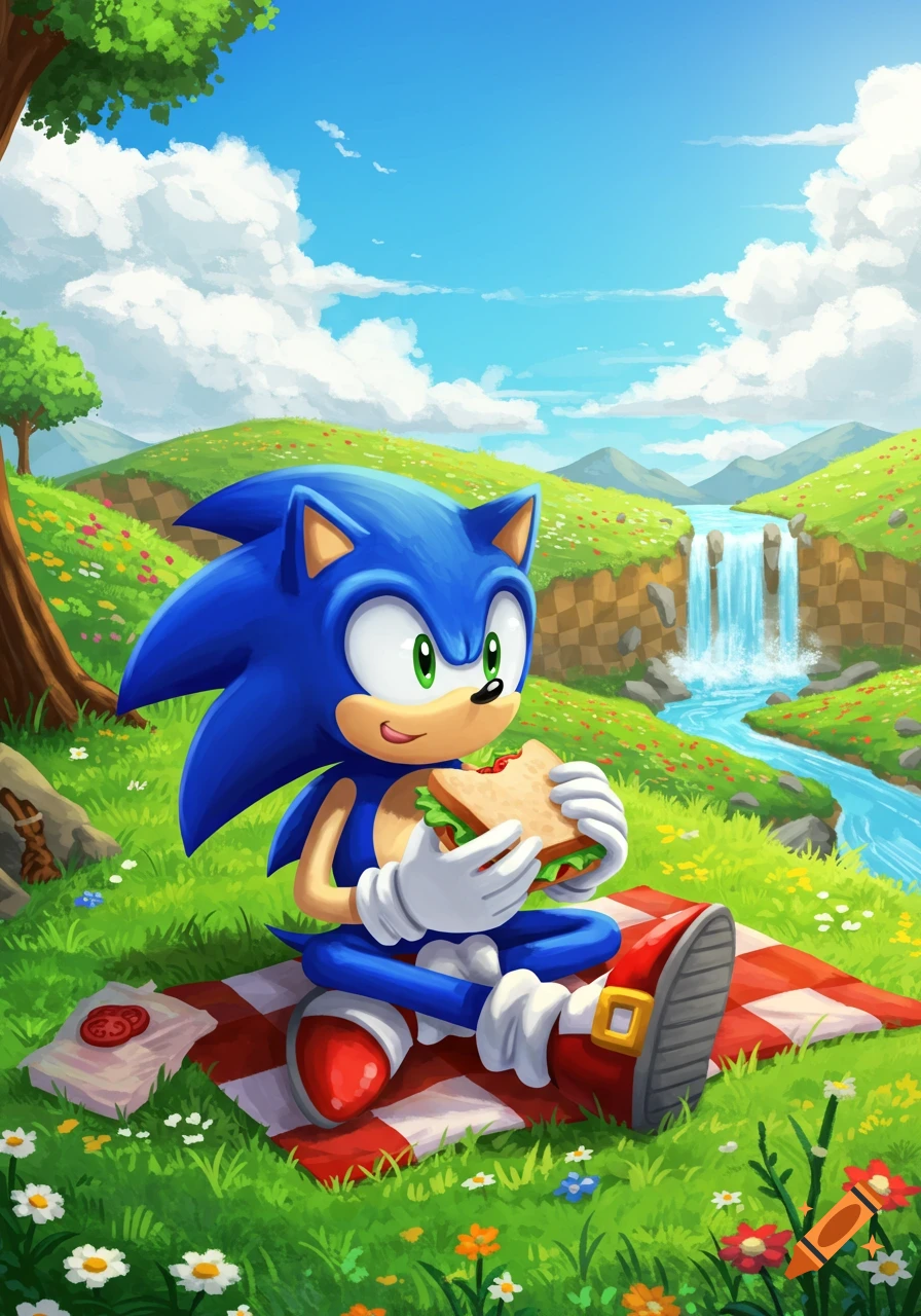Sonic the Hedgehog sits on a picnic blanket, eating a sandwich in a lush green valley with a waterfall under a blue sky.