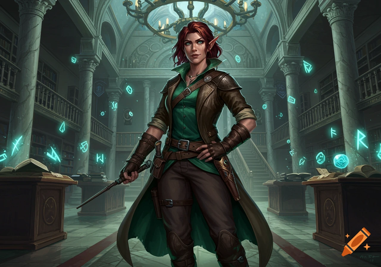 Red-haired elf in a brown leather coat holds a wand in a mystical library with glowing runes, detailed fantasy art.