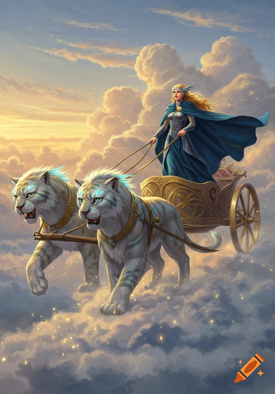 A blonde goddess in a blue cloak rides a golden chariot pulled by two white tigers through a golden cloudy sky.
