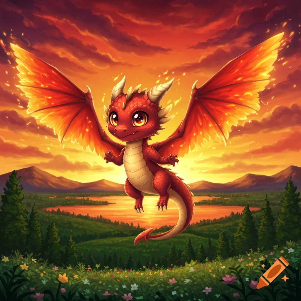 A cute red chibi dragon with fiery wings flies over a lush green landscape with a lake at sunset.
