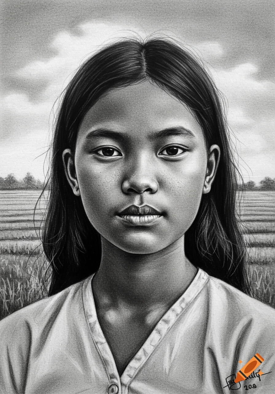 Charcoal portrait of a young woman with long hair, looking forward, against a rural field background.