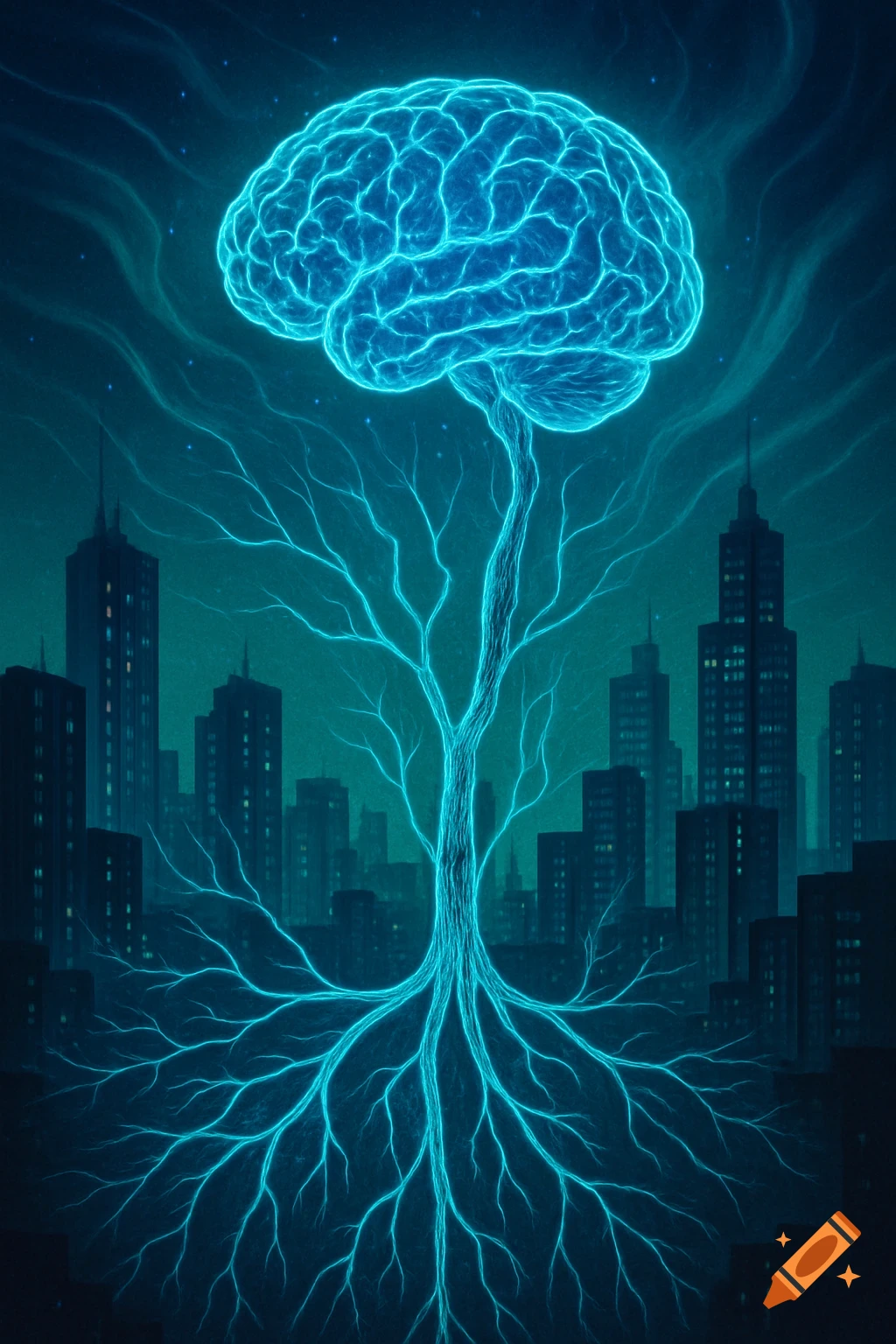 A glowing blue brain with tree-like roots extending into a dark, stylized city skyline.