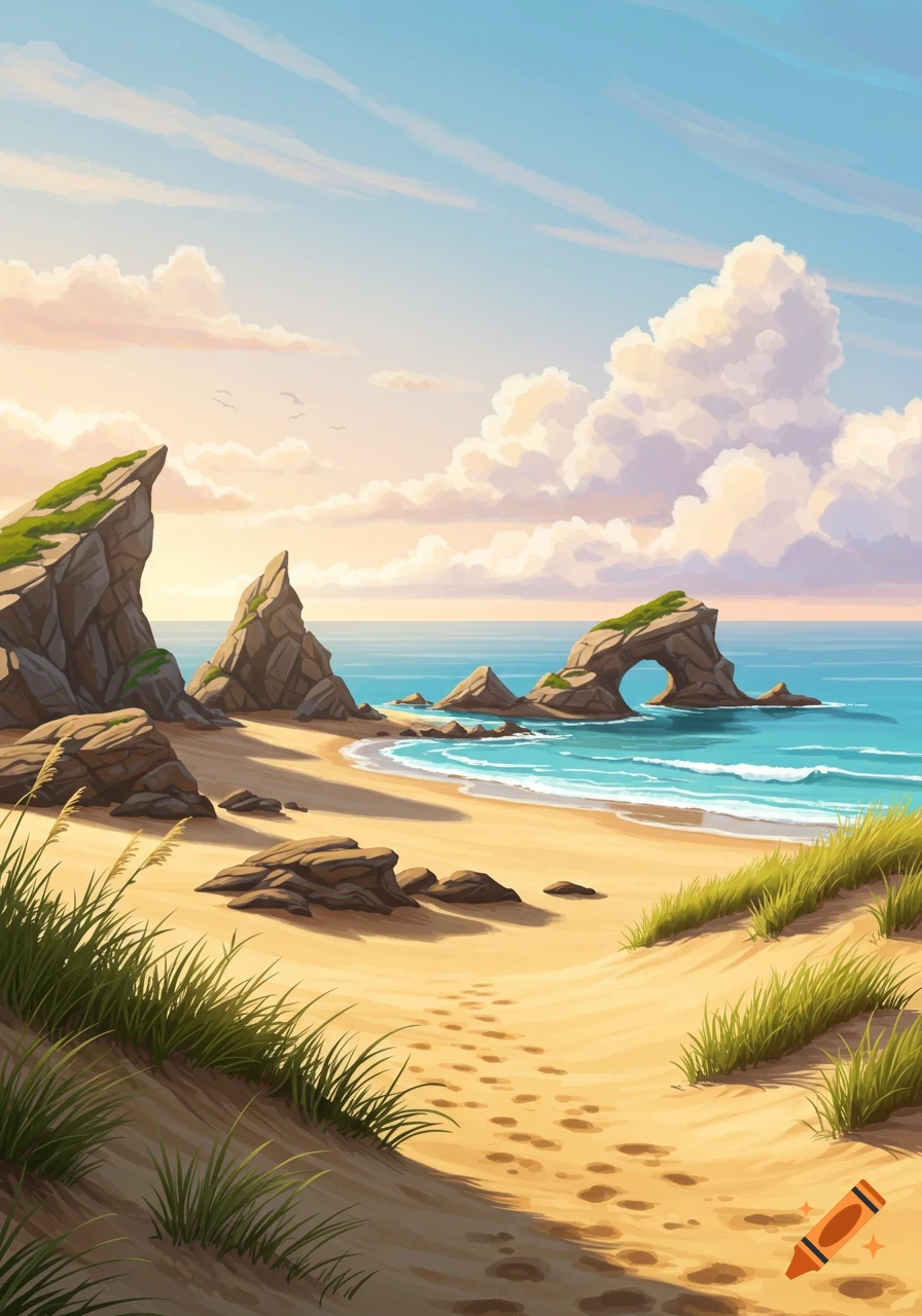 Vibrant, stylized illustration of a sandy beach with rocky formations, a natural arch, and ocean waves under a cloudy sky.