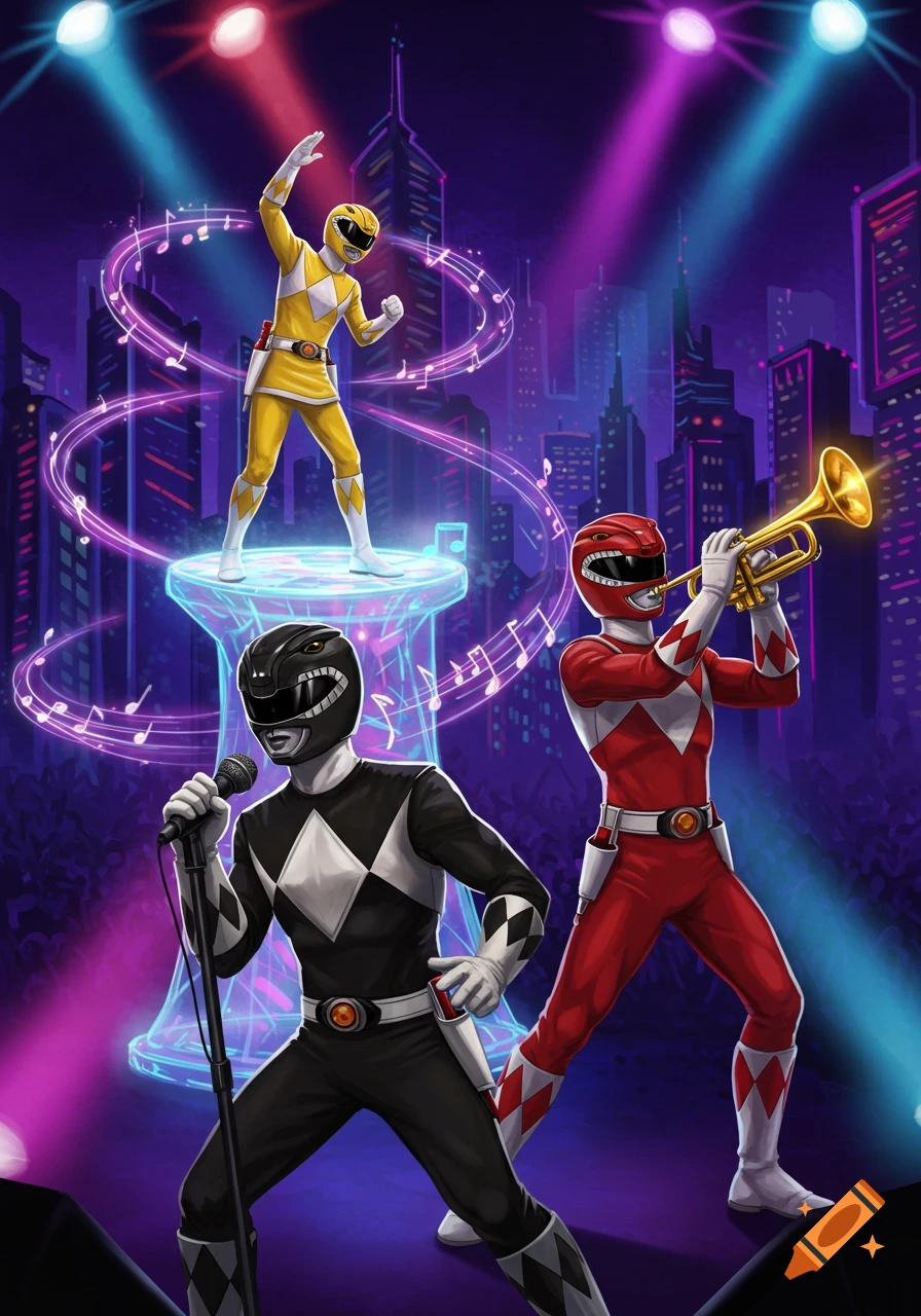 Yellow, Black, and Red Power Rangers perform music in a neon-lit city at night, with one dancing, one singing, and one playing trumpet.