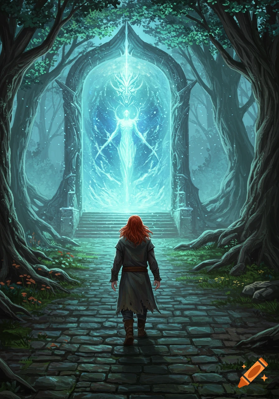 A red-haired person in shabby robes walks on a stone path through a dark forest towards a glowing mystical portal, fantasy art.