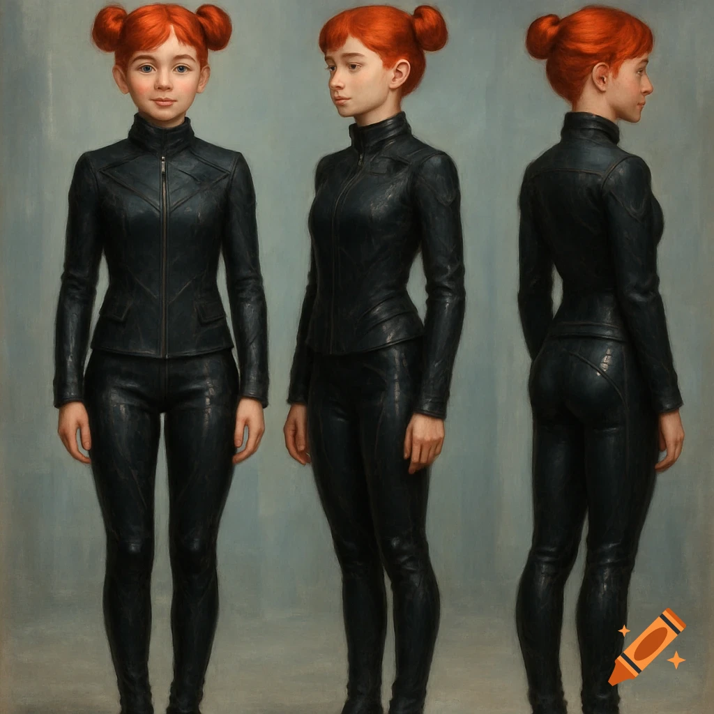 A young female character with red hair in side buns, wearing a black tactical-style leather outfit, shown in three full-body views in oil painting style.