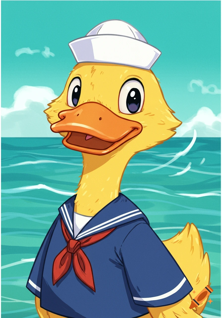 A cheerful cartoon duck wearing a sailor uniform and hat, with an ocean background.