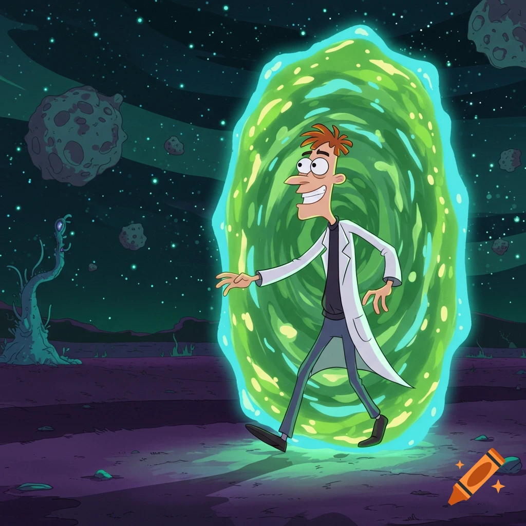Cartoon character Dr. Doofenshmirtz steps out of a glowing green portal into a cosmic alien landscape.