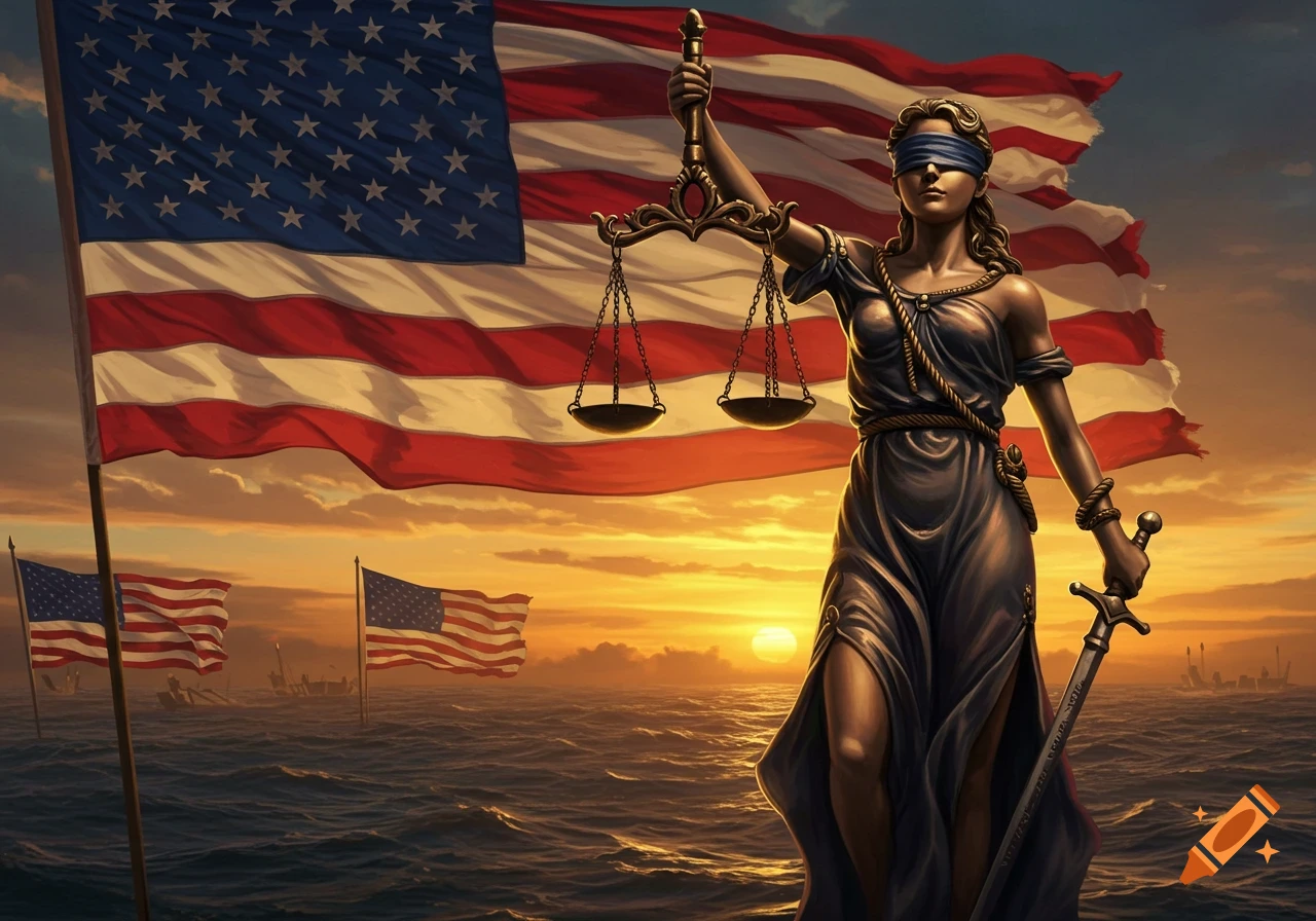 Blind Lady Justice holds scales and a sword before a large American flag at sunset over a choppy sea, with smaller flags in the distance.