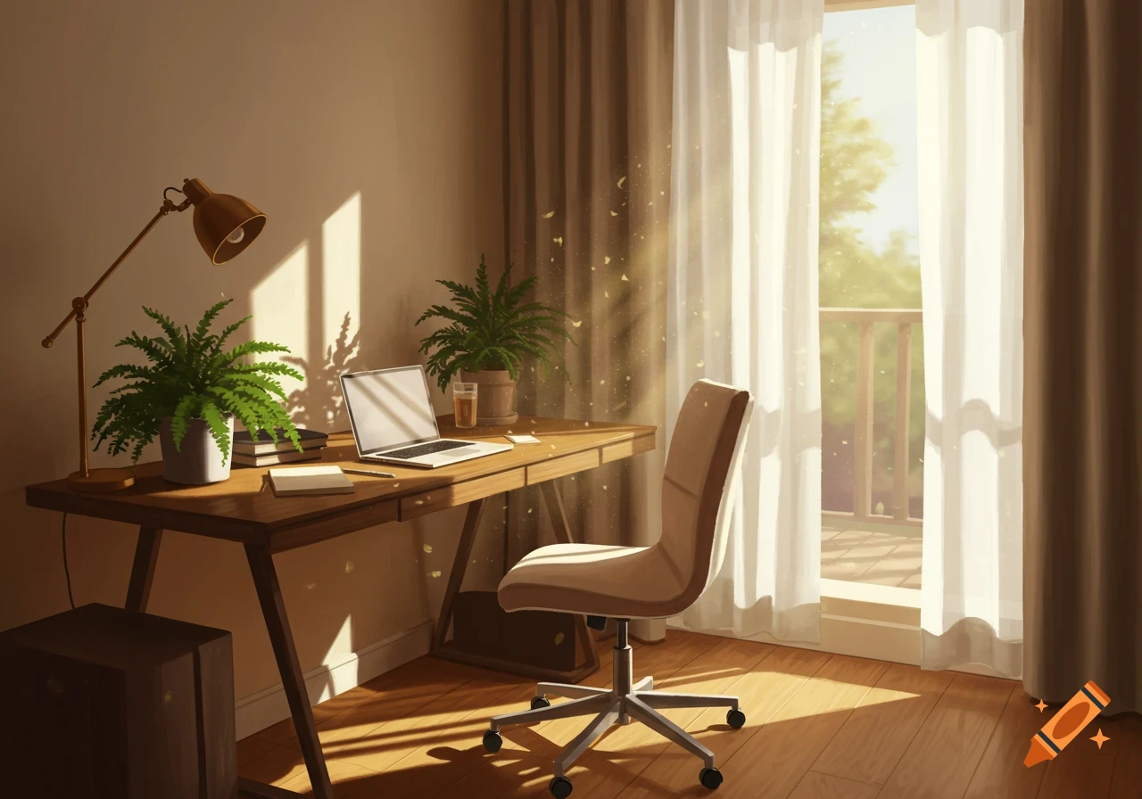 Anime-style illustration of a sunlit office desk with a laptop, plants, and a window.