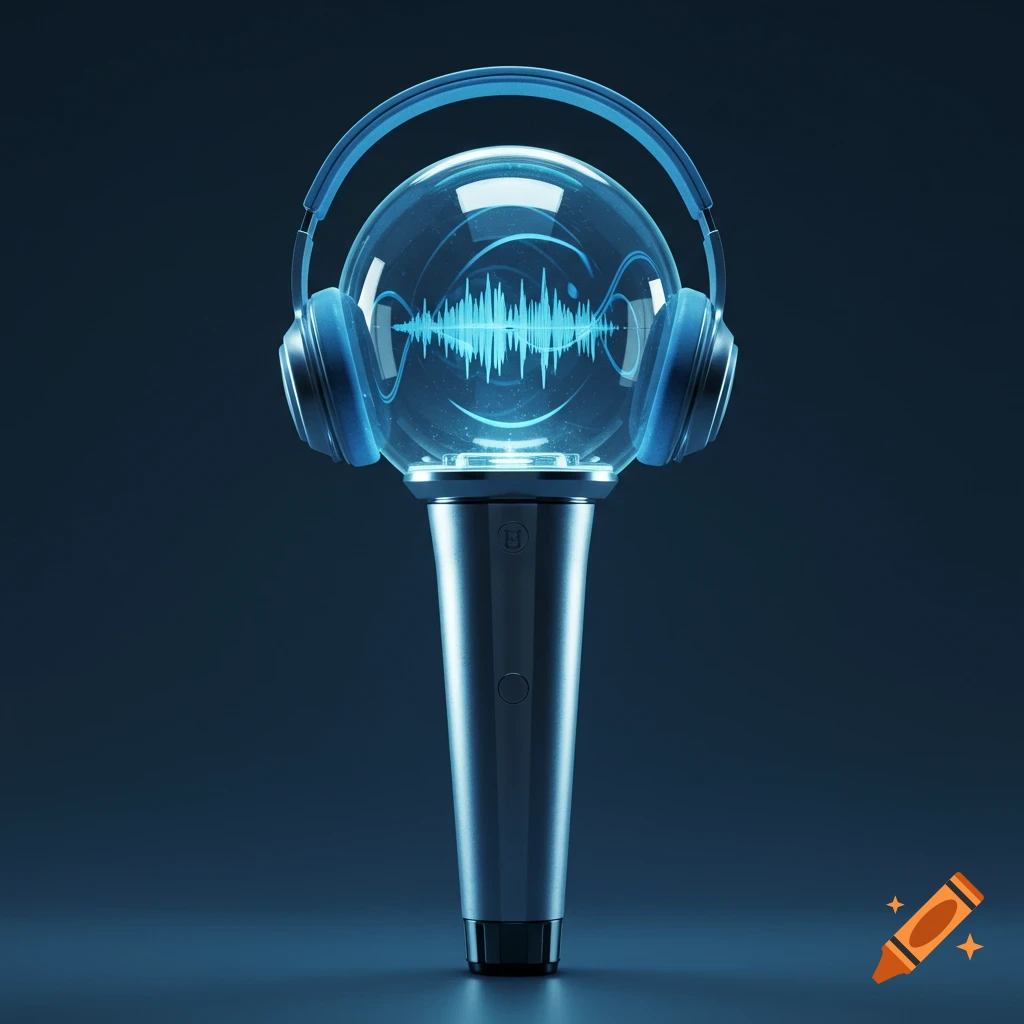 Sleek, futuristic blue K-pop lightstick with glowing sound waves inside a clear sphere and blue headphones around it.