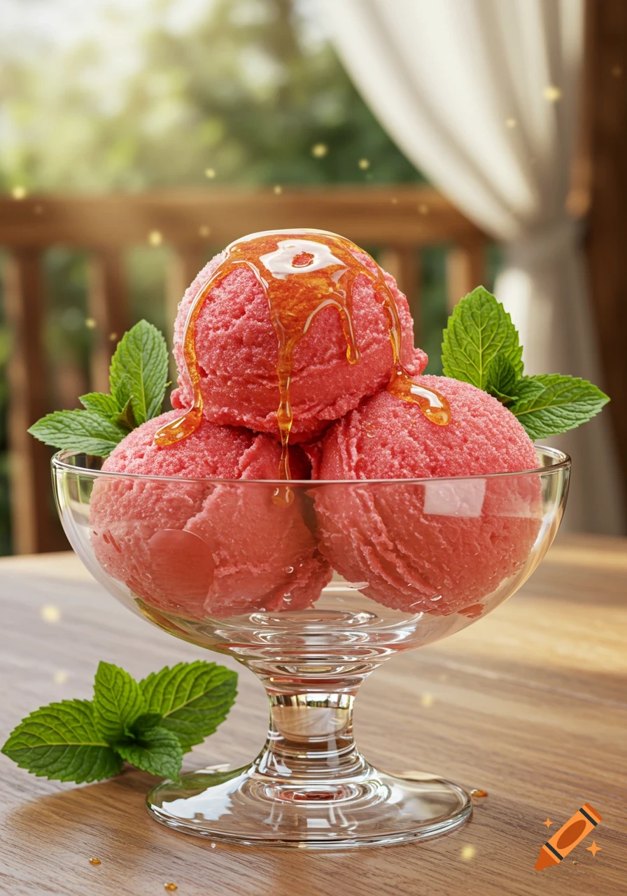Three scoops of pink watermelon sorbet with golden drizzle and mint leaves in a glass bowl on a wooden table outdoors.