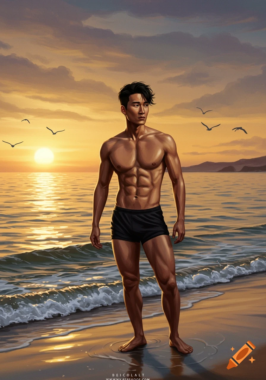 Muscular Asian man in black swim trunks stands on a beach at sunset, with golden light reflecting on the water. Digital art.