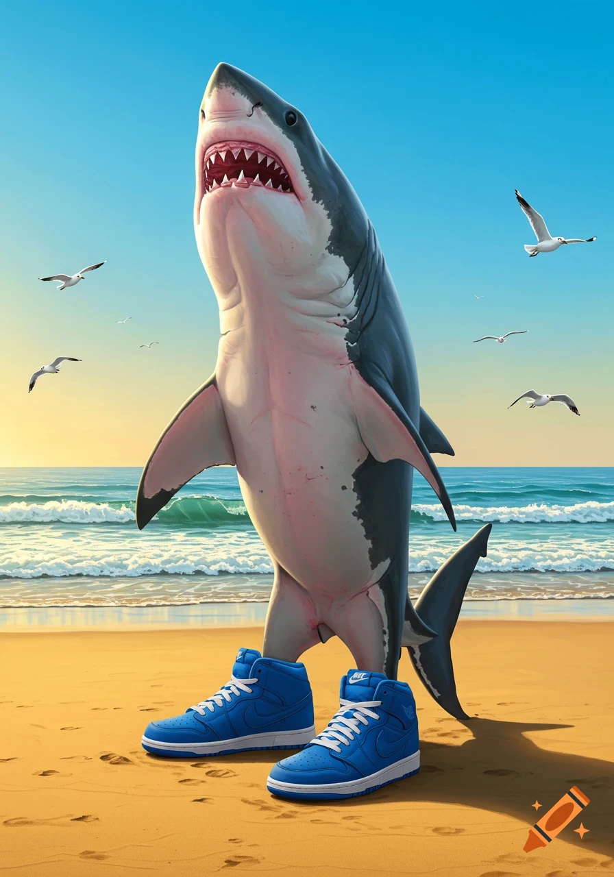 A great white shark stands upright on a sandy beach wearing blue Nike sneakers, with ocean waves and seagulls under a blue sky.