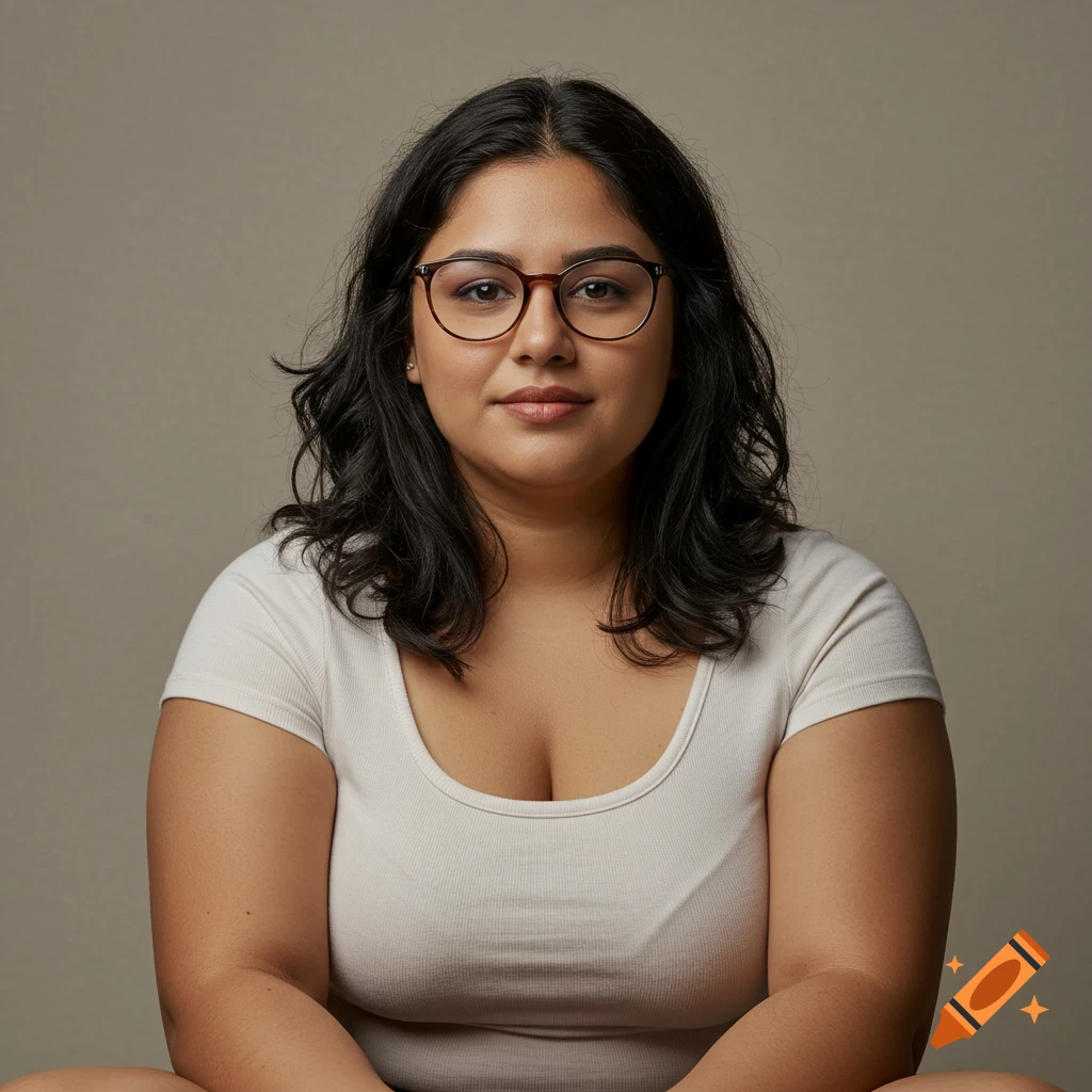 A woman with dark hair and glasses looks directly at the camera. She wears a light-colored t-shirt. Photorealistic.