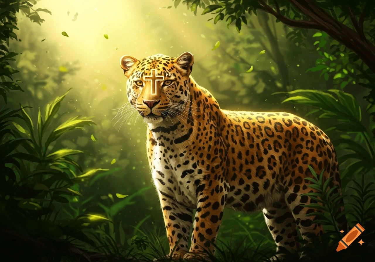 A majestic leopard with a glowing Christian cross on its forehead stands in a sun-dappled jungle.
