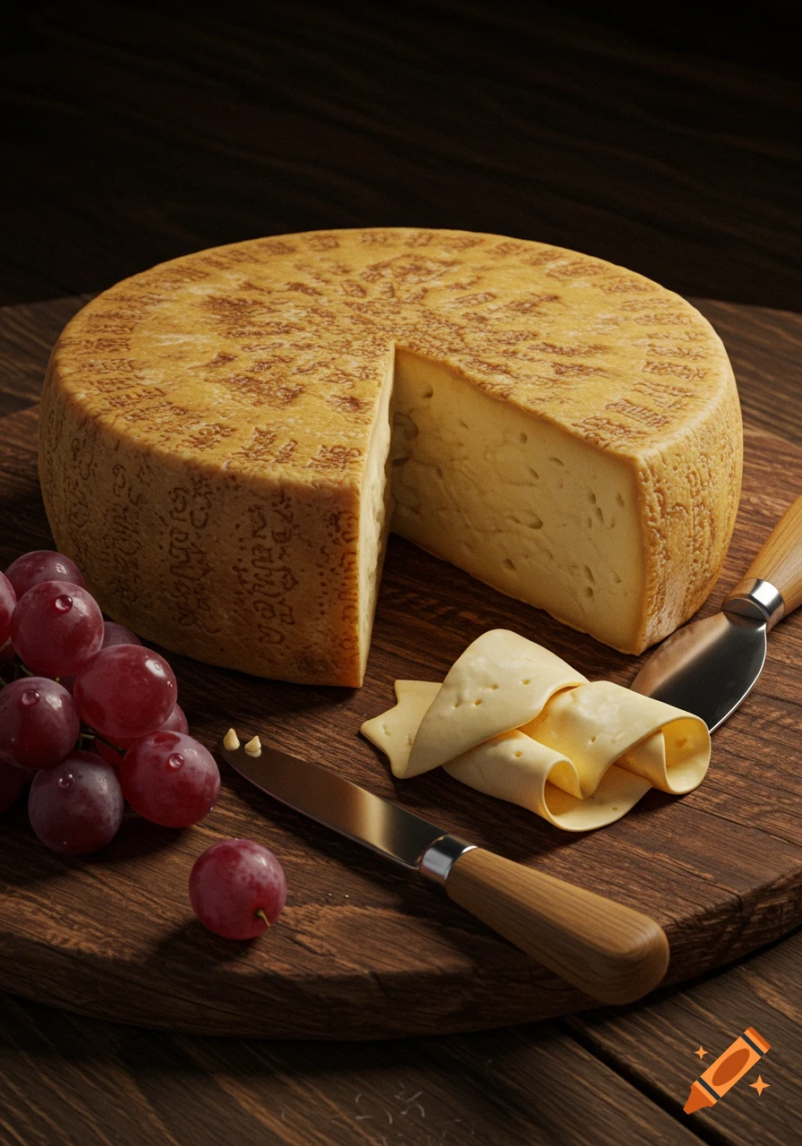 A photorealistic image of a large wheel of cheese with a slice cut out, served on a rustic wooden board with a cluster of red grapes, a knife, and cheese curls.