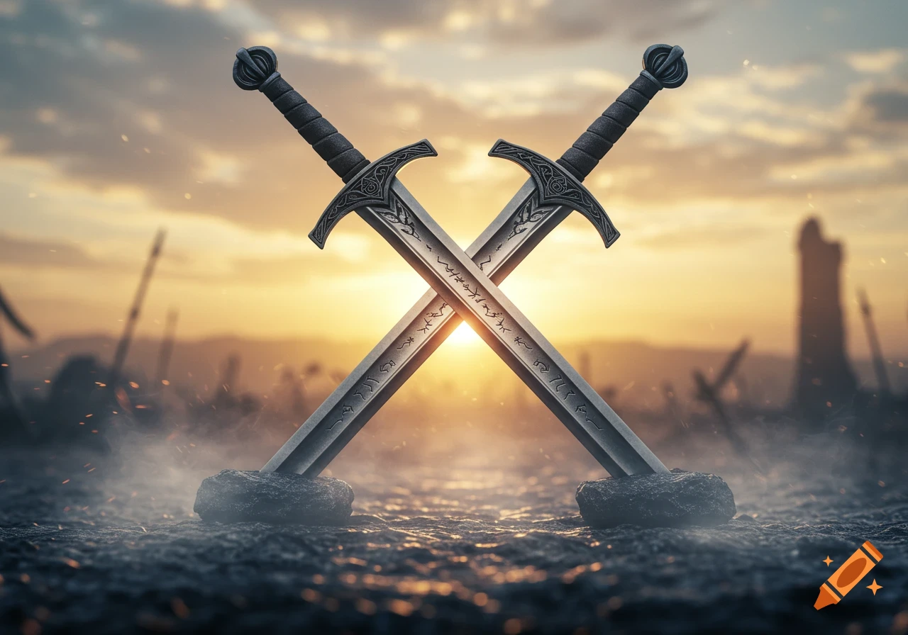 Two ornate crossed swords are stuck in rocky ground on a smoky battlefield at sunset, with distant ruins.