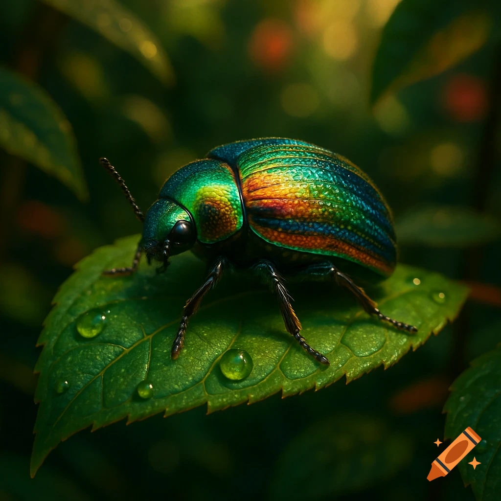 Photorealistic close-up of a metallic iridescent beetle with green, blue, and orange shell on a dewy green leaf.
