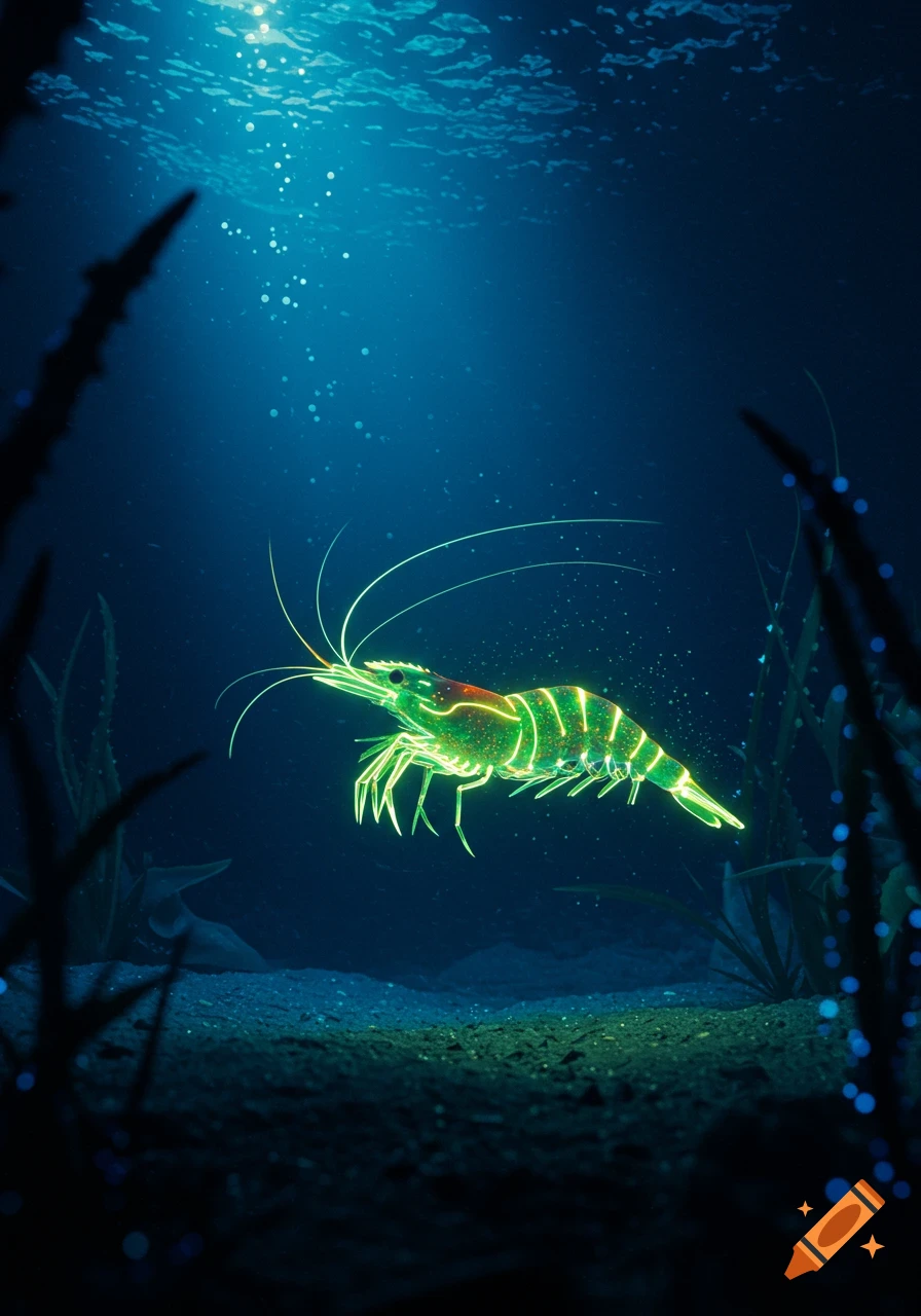 A neon green bioluminescent shrimp with a yellow radiation aura swims in a dark, mysterious sci-fi underwater scene.