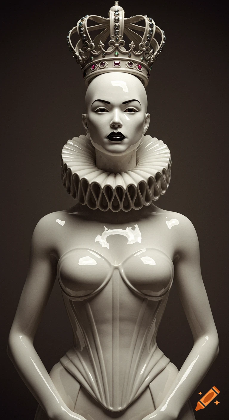 A glossy white porcelain statue of a bald woman with black lips, wearing a large ruff, an ornate corset, and a jeweled crown.