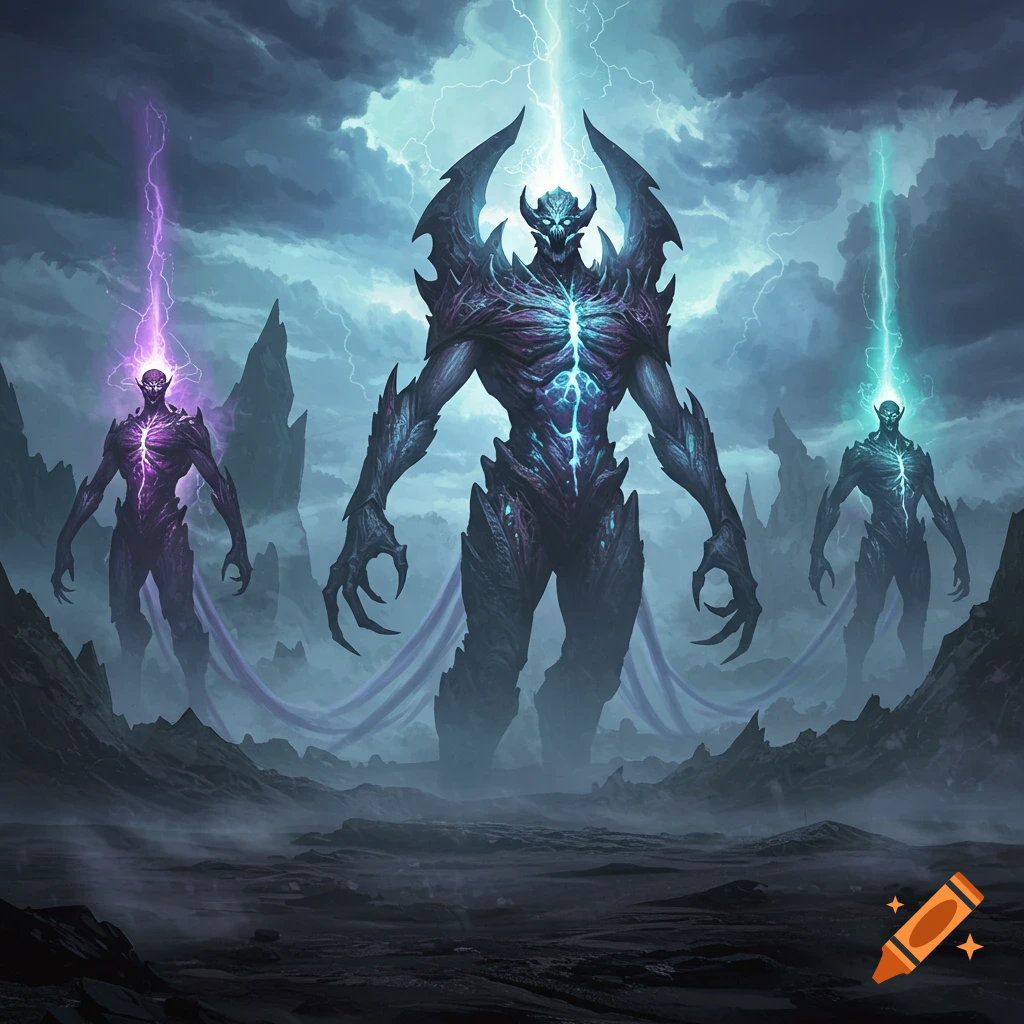 Three massive, glowing alien titans stand in a stormy, desolate landscape with lightning striking from the sky, dark fantasy illustration.