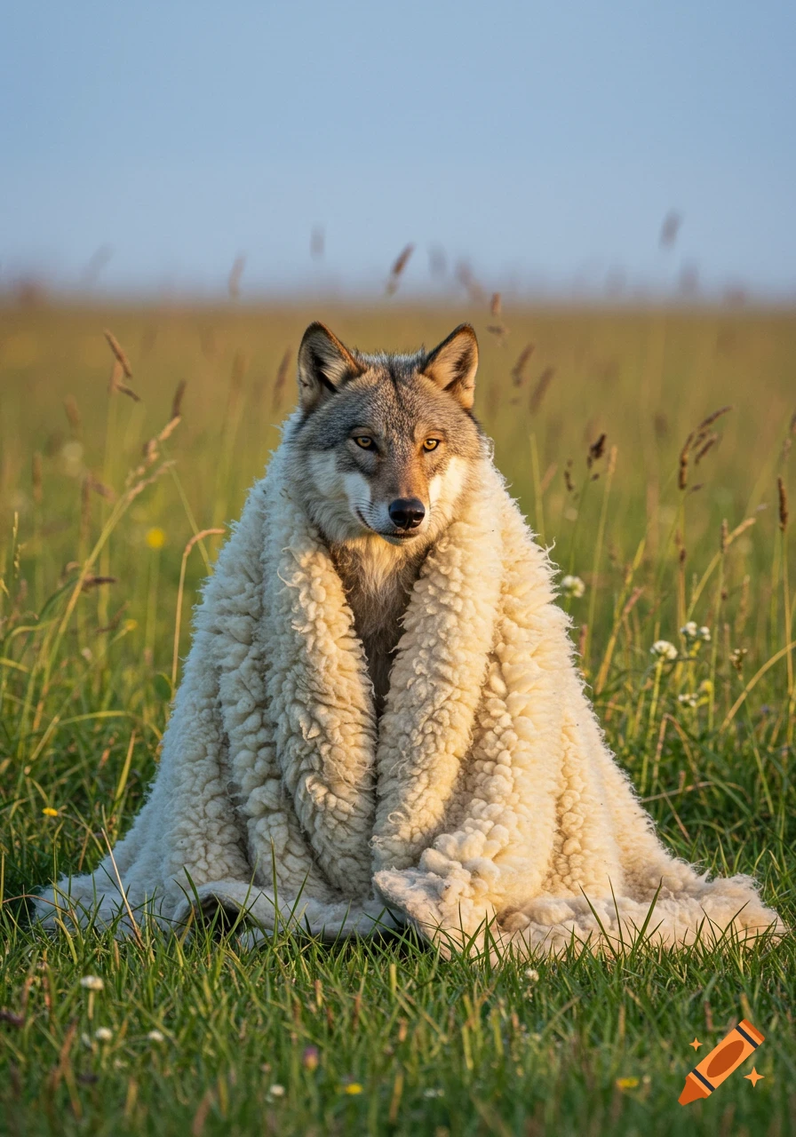 A photorealistic wolf sits in a grassy field, wrapped in a thick, fluffy, off-white sheep-like blanket.