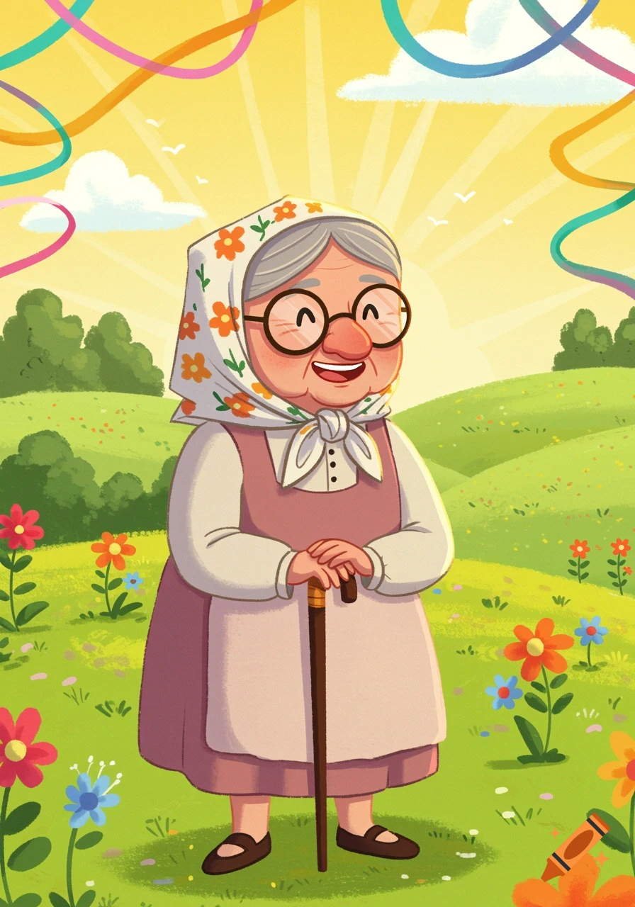 A cheerful cartoon grandmother with glasses and a cane in a floral headscarf and dress stands in a sunny, flower-filled green field with colorful ribbons.