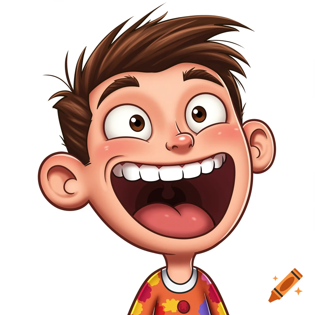 A cheerful cartoon boy with wide eyes and an open mouth, wearing a colorful orange shirt on a white background.