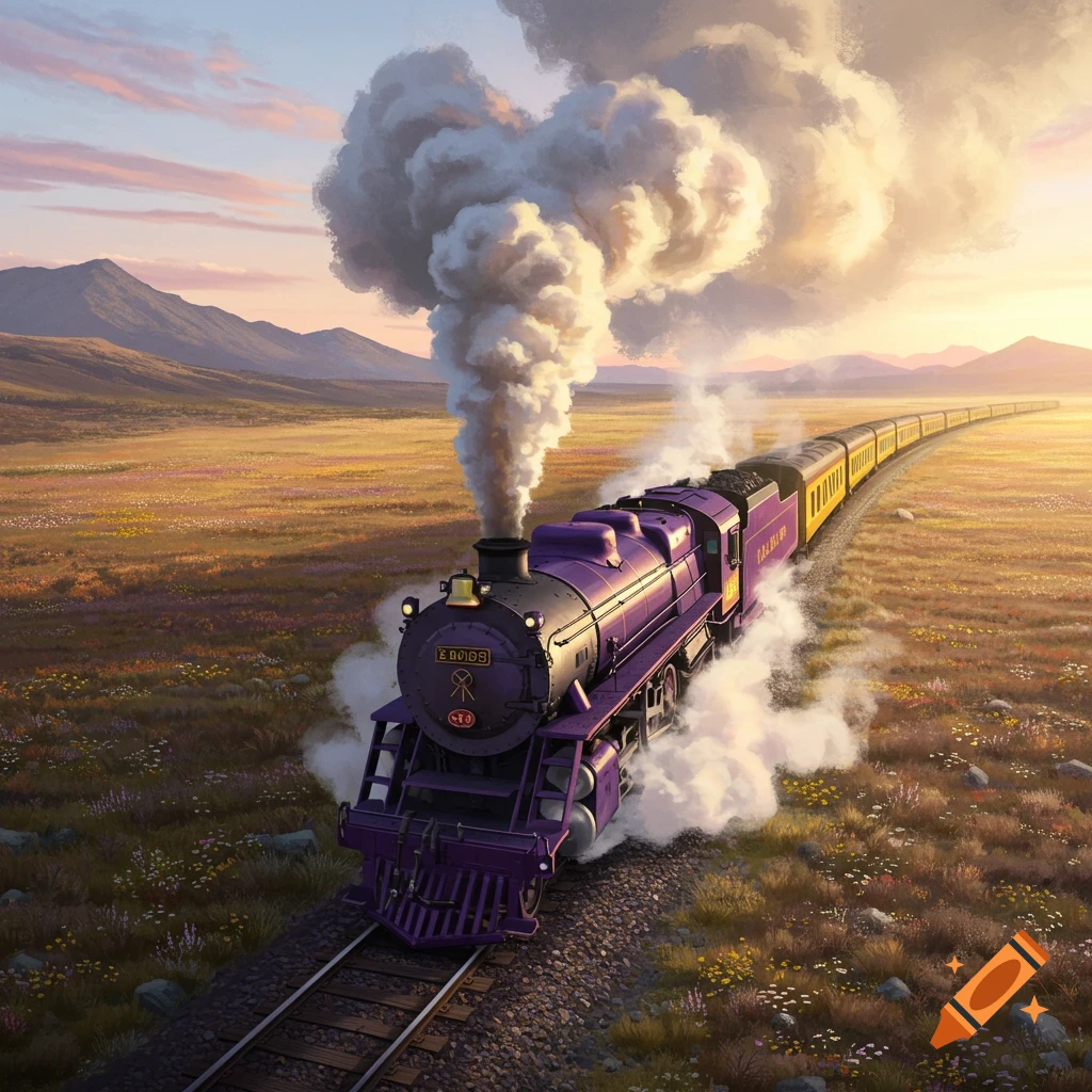 A purple and yellow steam locomotive billows heart-shaped smoke as it travels through a golden field at sunset. Digital painting.
