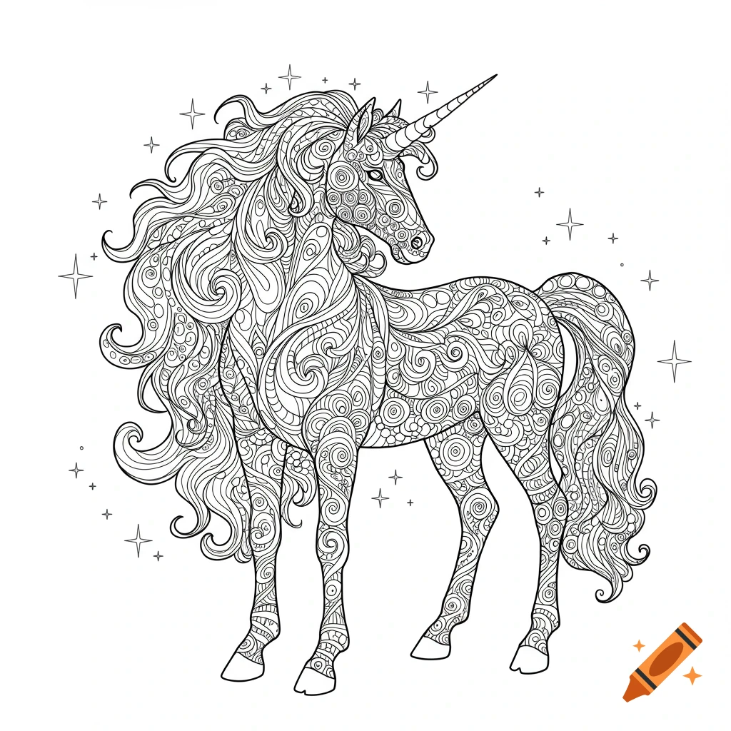 Black and white line art coloring page of an ornate unicorn with a flowing mane and tail, adorned with intricate patterns and surrounding stars.