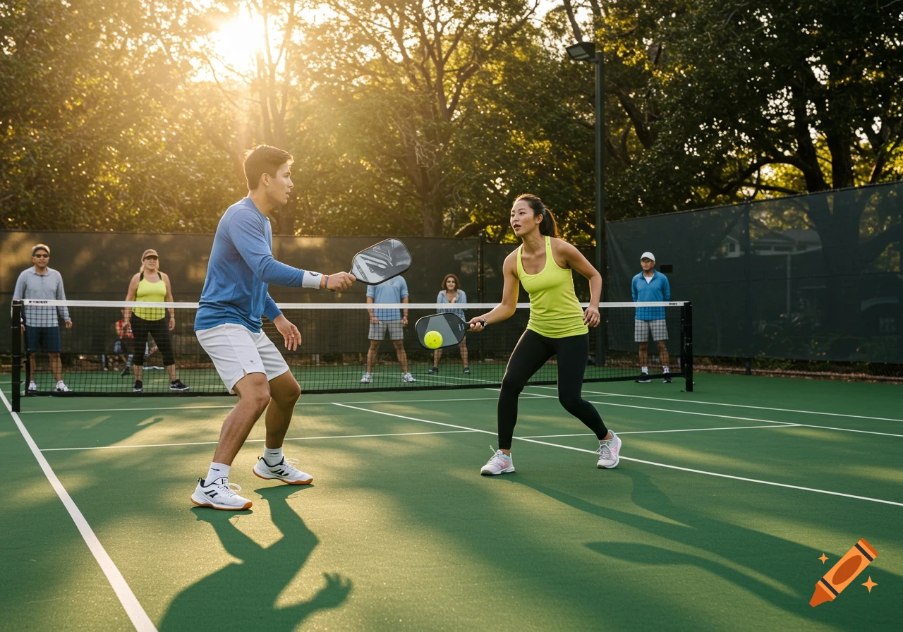 A man and woman play pickleball on a green court at sunset, with other players in the background.