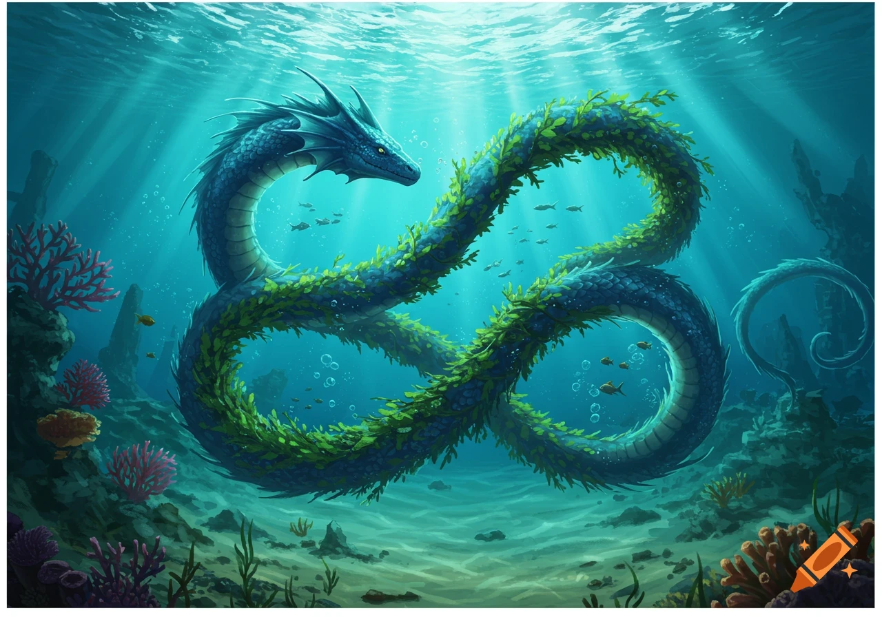 A vibrant illustration of a cobalt sea serpent entwined with green ivy, swimming underwater amidst coral and fish.