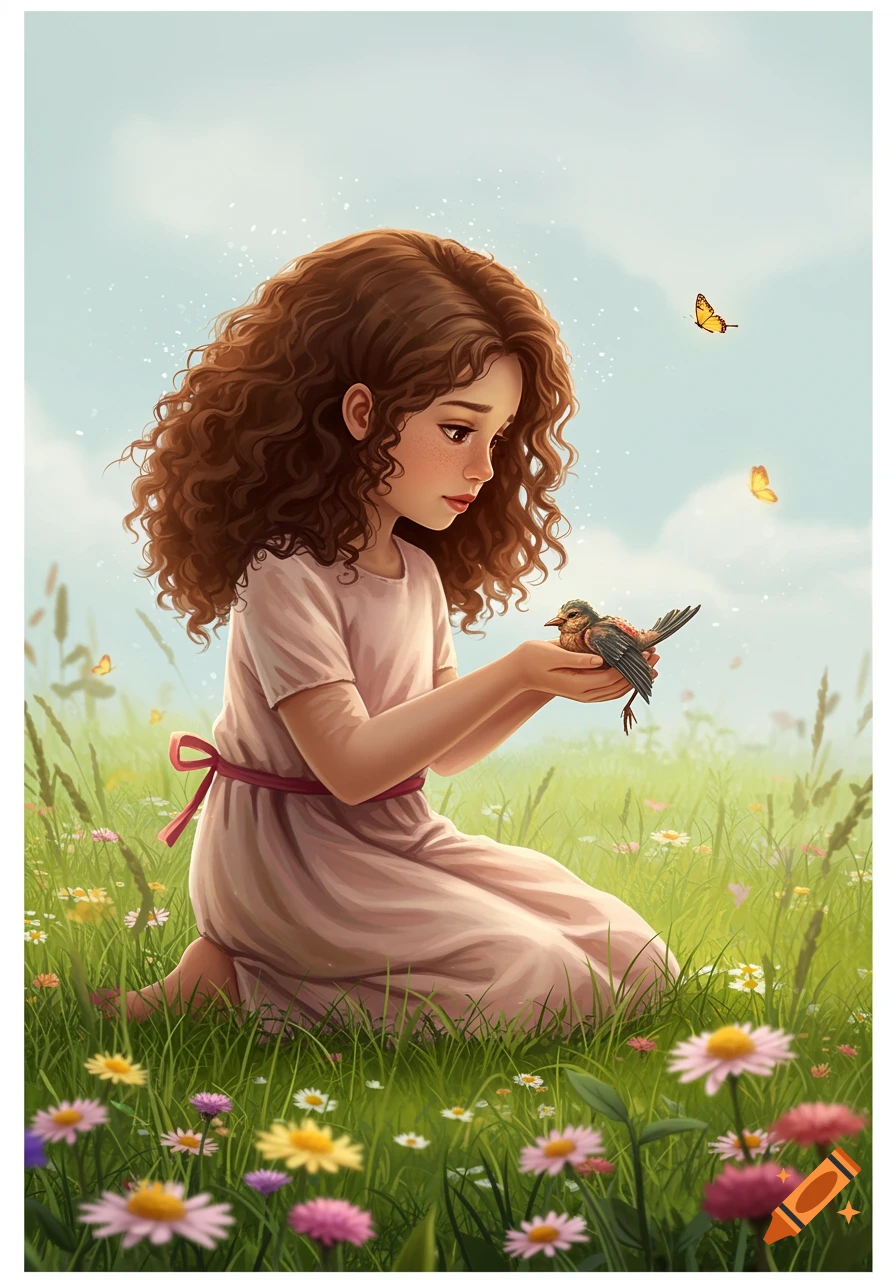 A whimsical illustration of a young girl with curly hair kneeling in a flower field, gently holding a small bird. Butterflies fly around her.