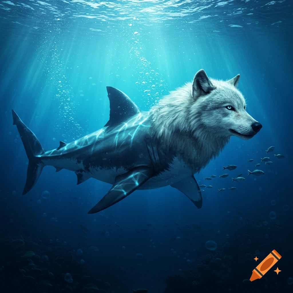 A realistic fantasy creature, a white wolf-headed shark, swims in a deep blue ocean with sun rays and small fish.