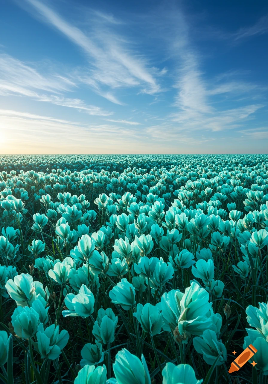 A vast field of glowing turquoise flowers under a bright blue sky with white wispy clouds, in a photorealistic style.
