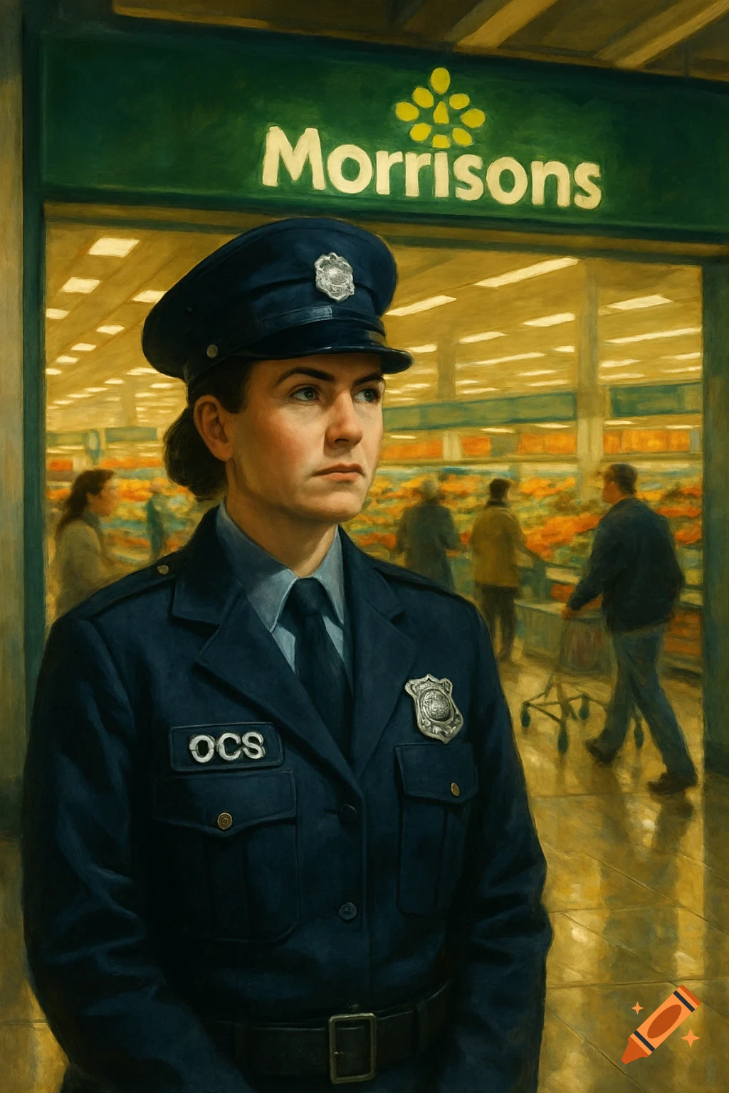 Painterly portrait of a security officer in uniform standing outside a Morrisons supermarket, shoppers inside.