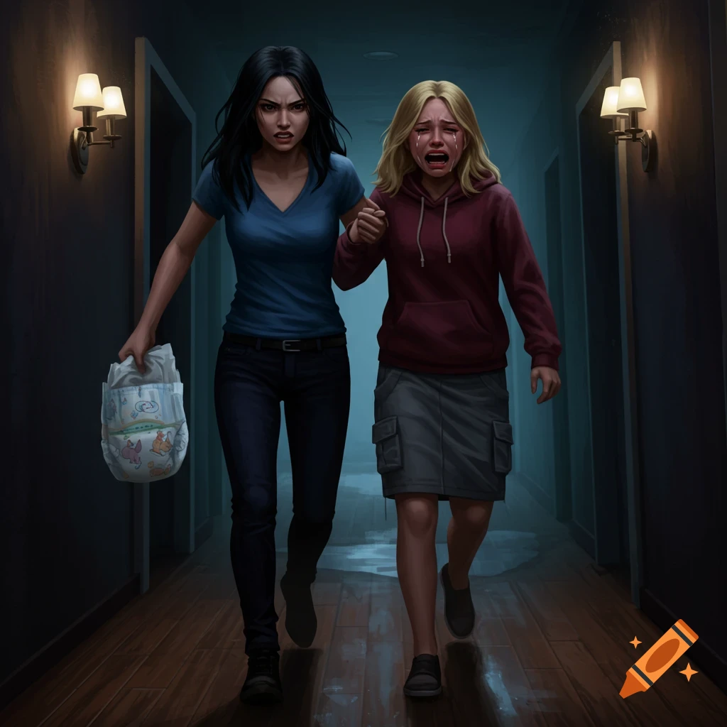 An angry dark-haired woman holding a diaper drags a crying blonde woman down a dark hallway.