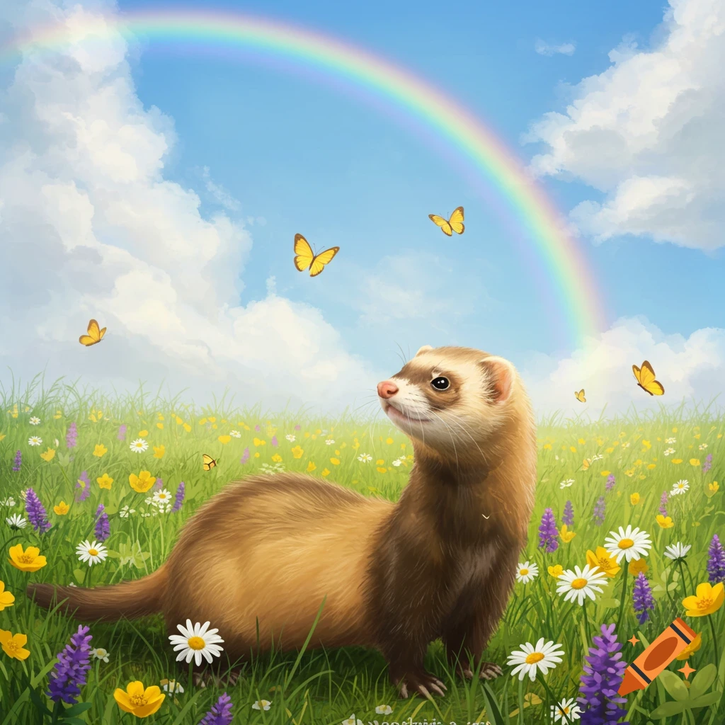 A cute ferret stands in a bright, flower-filled meadow under a blue sky with a rainbow and butterflies.