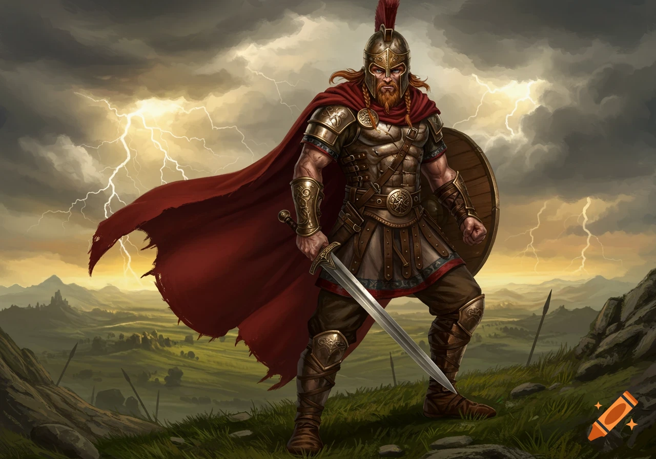 An illustration of a fierce warrior in bronze armor, red cape, holding a sword and shield, on a stormy hill with lightning.