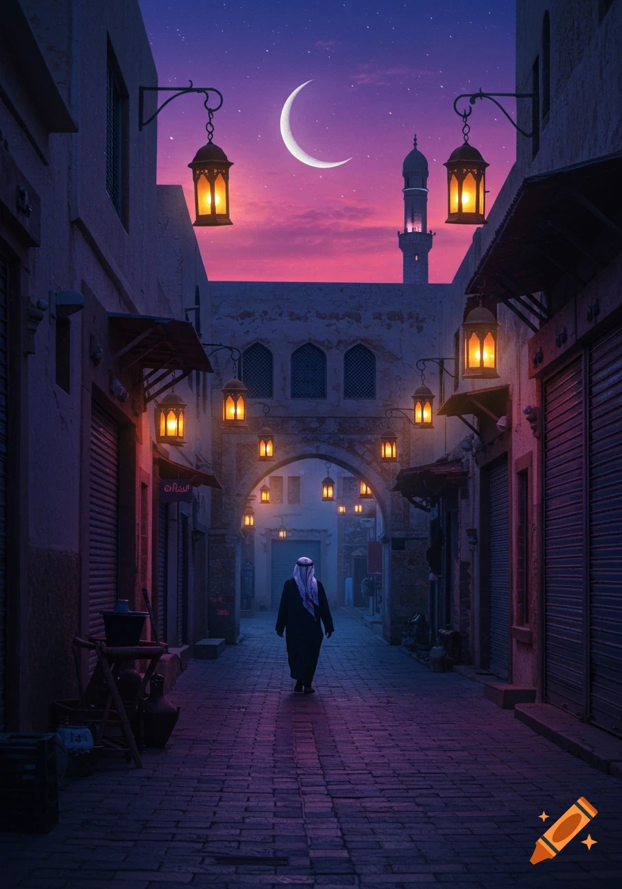Person in traditional attire walks down a lantern-lit ancient Middle Eastern street at dusk, with a crescent moon, minaret, and vibrant sky.