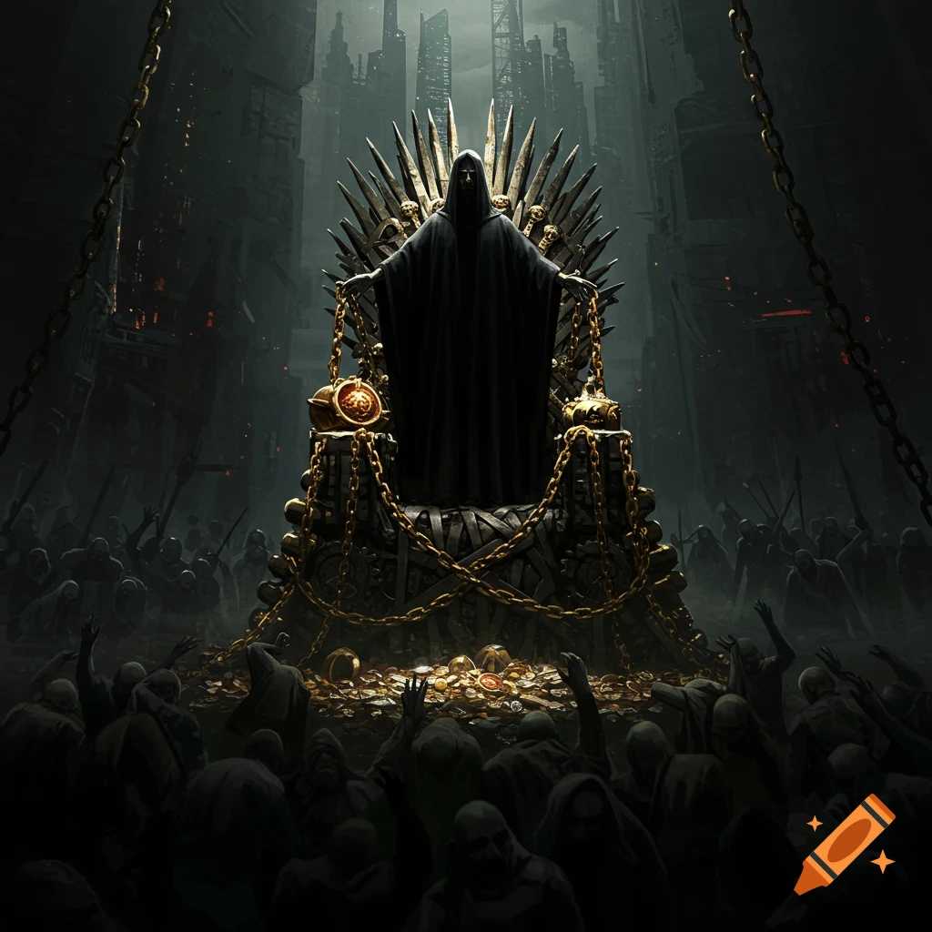 A dark cloaked figure sits on a spiky throne, surrounded by gold, heavy chains, a kneeling crowd, and a dystopian city skyline.