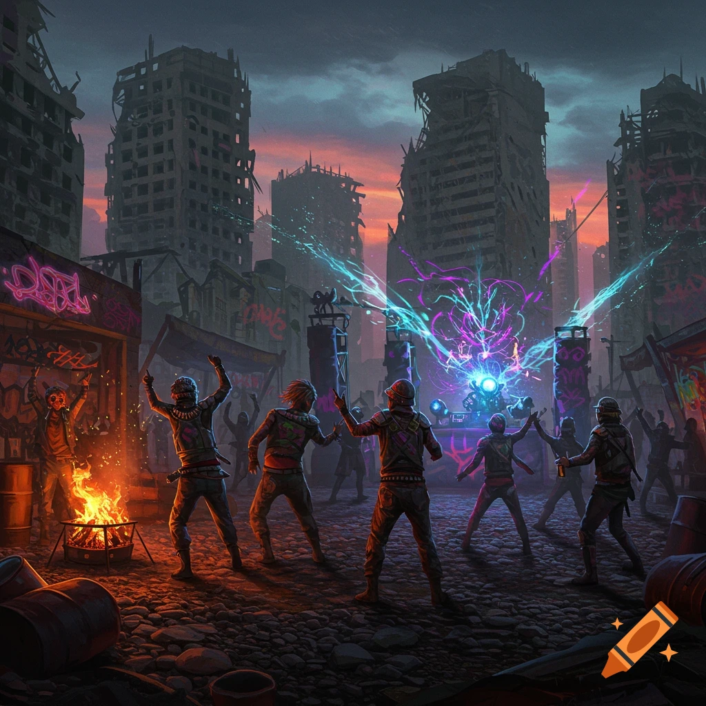 A post-apocalyptic festival scene with people dancing around a bonfire and glowing energy in a ruined city at dusk, digital art.