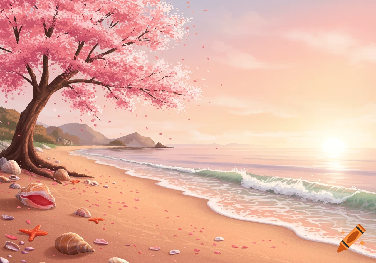 Vibrant anime-style beach at sunset/sunrise with a pink cherry blossom tree, seashells on sand, gentle waves, and distant mountains.