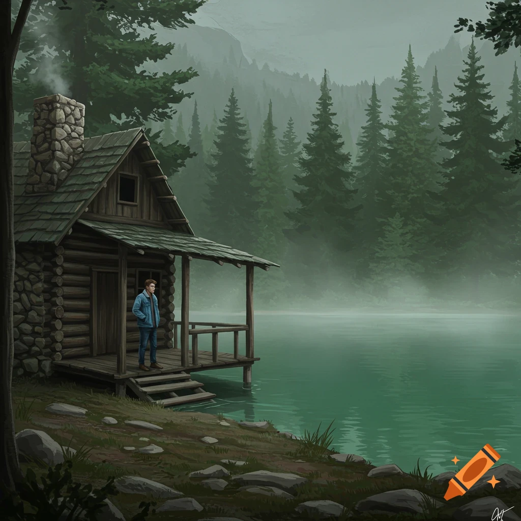 A man stands on the porch of a log cabin by a misty green lake, surrounded by a dense pine forest, in an illustrative style.