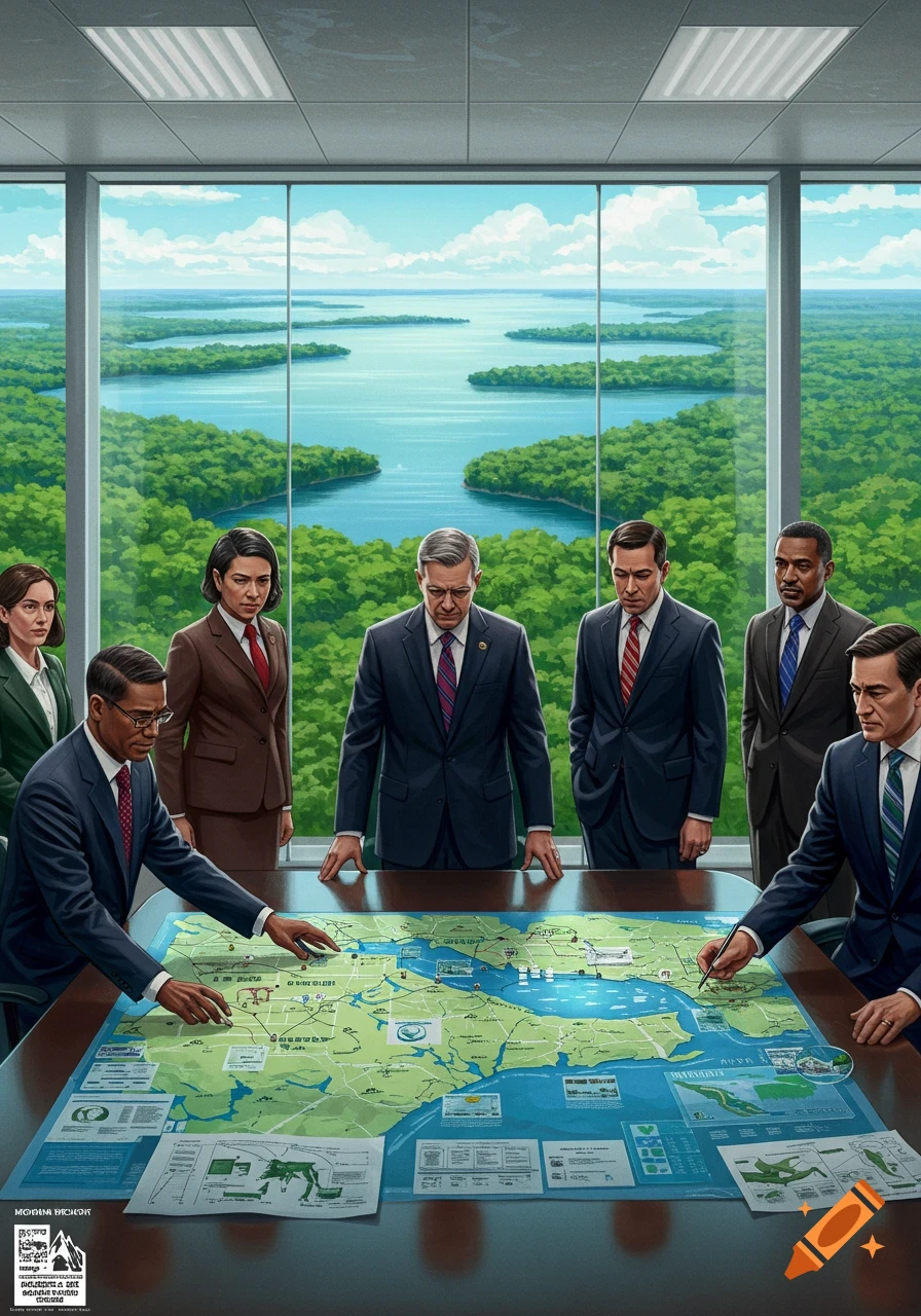 A team of executive environmental regulators in suits stand around a large map on a conference table, with a lush, green landscape and lake visible through a large window behind them. The style is a detailed illustration.