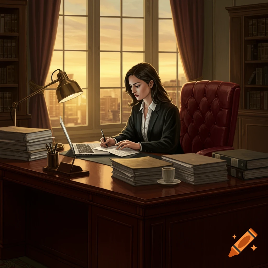 A woman in a suit works at a large office desk with a laptop and papers, bathed in the golden light of a sunset city view.