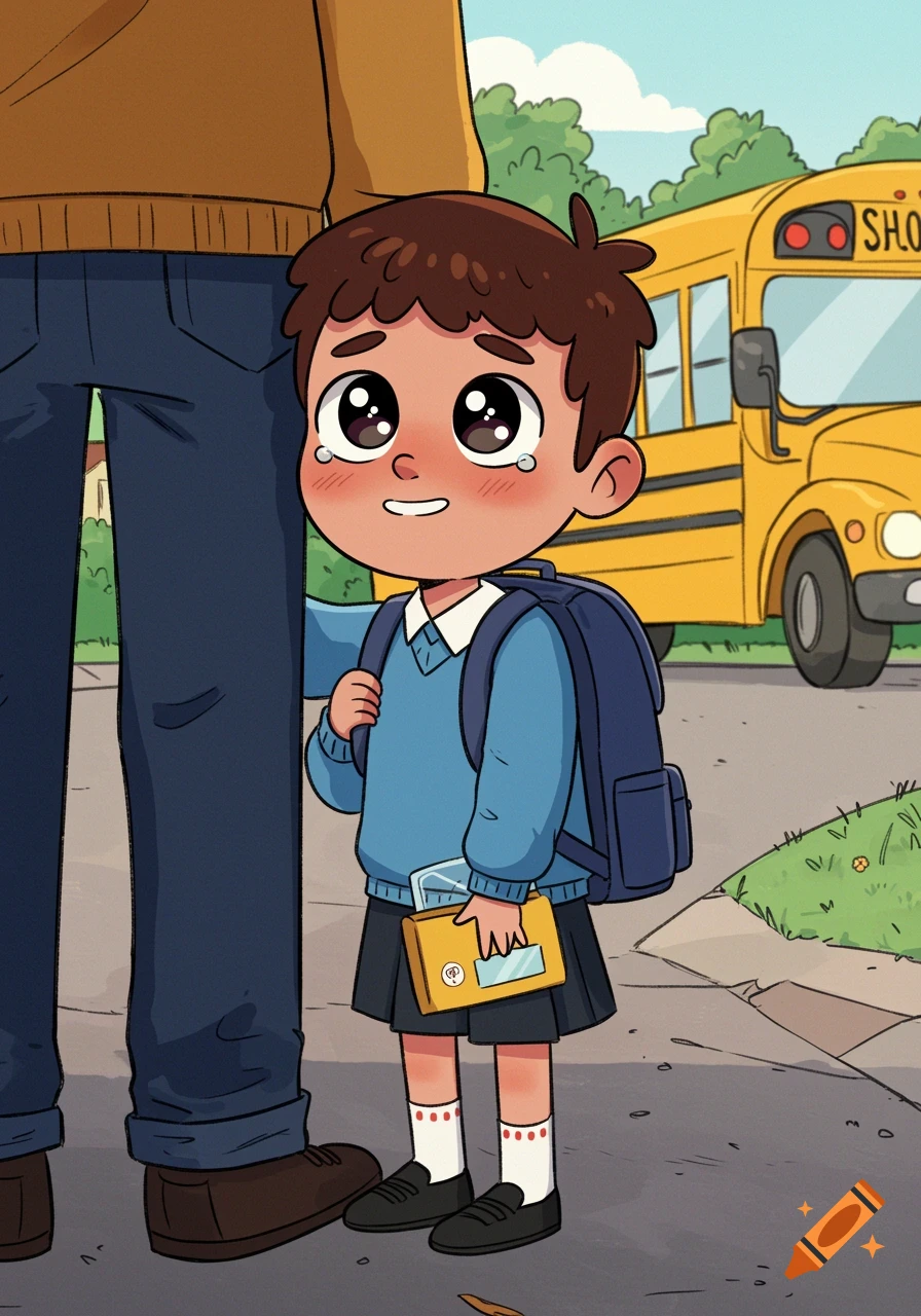 A shy, teary-eyed cartoon boy with a backpack and lunch pack stands by his dad's legs as a yellow school bus arrives.