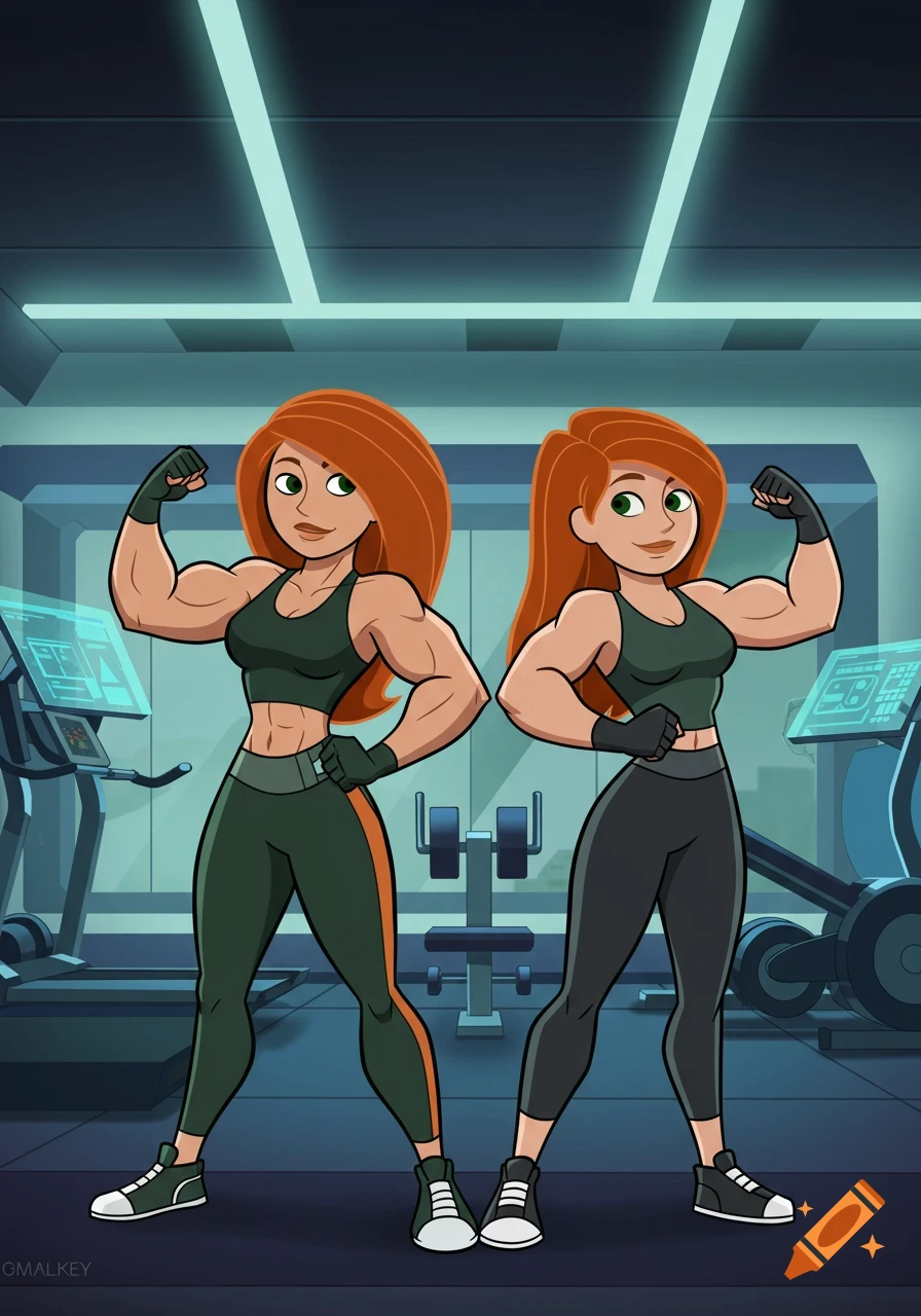 Cartoon of two muscular women, resembling Kim Possible and her mother, flexing in a gym.