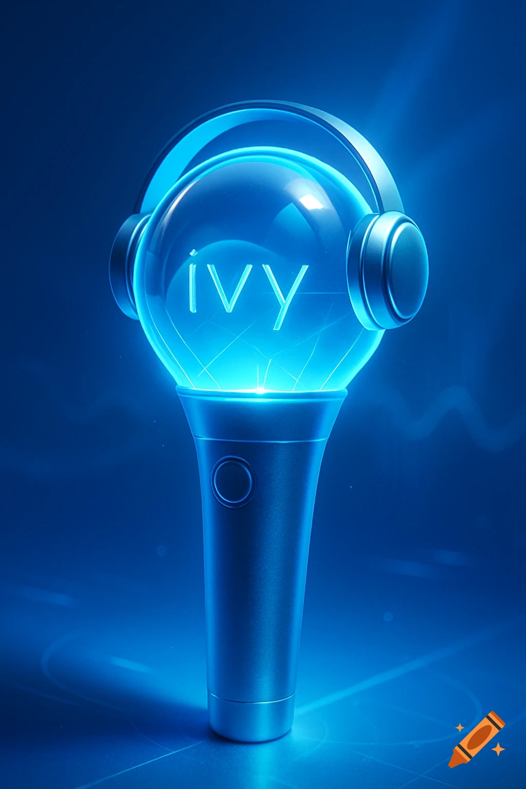 A glowing blue K-pop lightstick with silver headphones on its clear dome, displaying the word 'ivy' in white.
